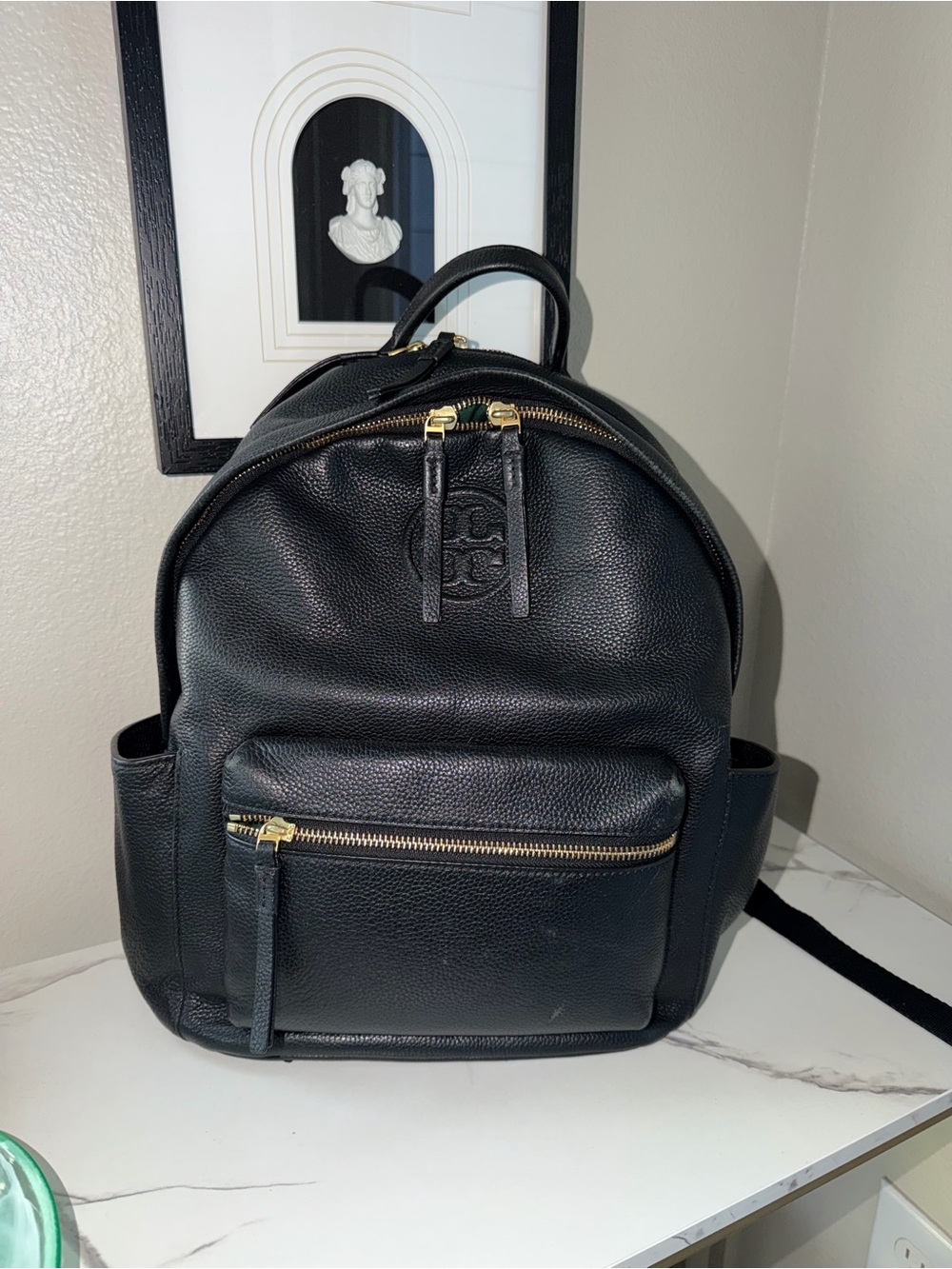 Tory Burch Black Pebbled Leather Backpack with Gold Hardware